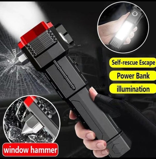 High-power Led Torch Light Rechargeable Flashlight And Multifunctional Tactical Hammer & Power Bank To Charge The Phone.